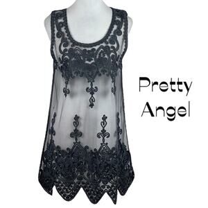 Pretty Angel Gray Lace Sheer Embroidered Fairy Whimsical Tunic Top NWT Size M